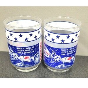 Vtg Set 2 Nasa Apollo 13 "Safe Return"Libbey Glass Lovell Jr,Haise Jr,Swigert Jr